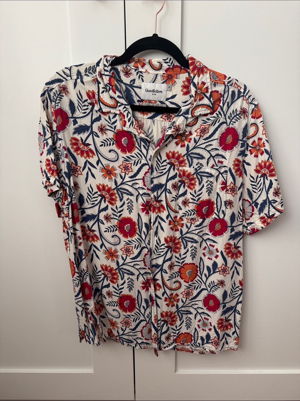 Goodfellow & Co White Short-Sleeve Button Shirt with Pink & Orange Floral Print